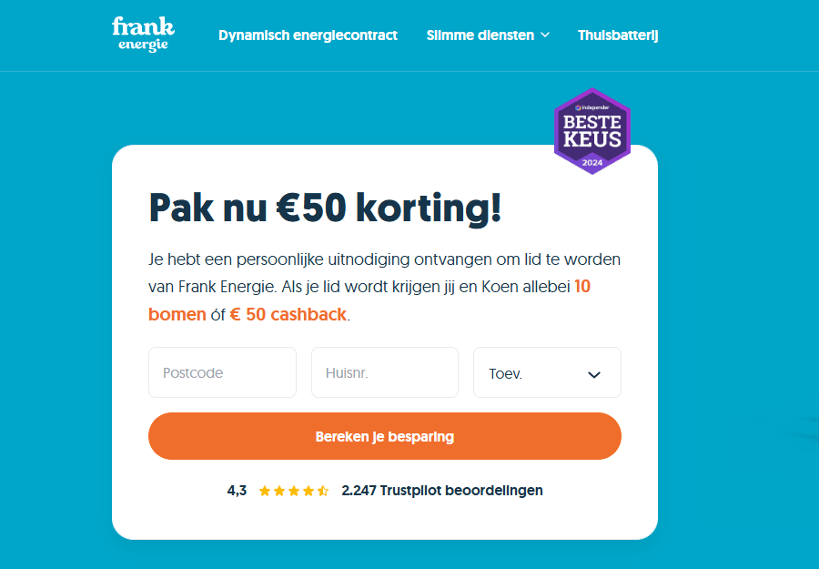 De Frank Energie verwijsactie: €50 korting of 10 bomen De Frank Energie verwijsactie: €50 korting of 10 bomen